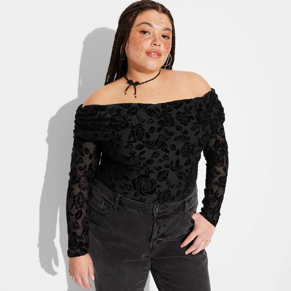 Womens Long Sleeve Ruched Off the Shoulder Top - Wild Fable Black 2X Product Image