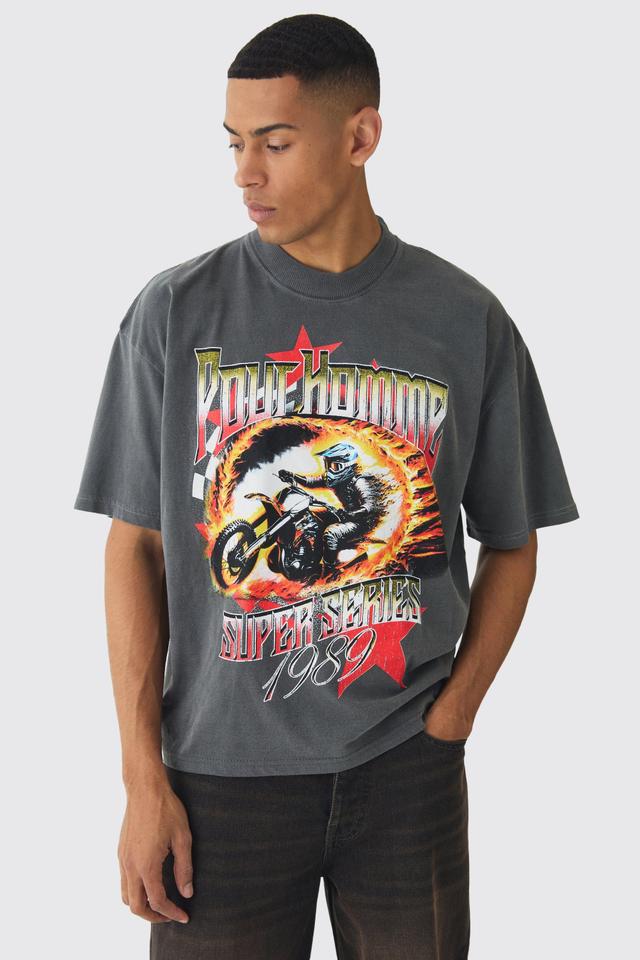 Oversized Boxy Racing Graphic Spray Washed T-Shirt | boohooMAN USA Product Image