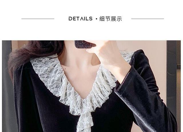 Mock Two-Piece Long-Sleeve V-Neck lace Ruffle Mini A-Line Dress Product Image