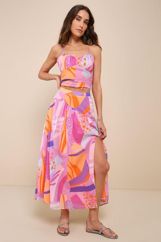 Summery Getaway Pink Multi Abstract Print High Rise Midi Skirt Product Image