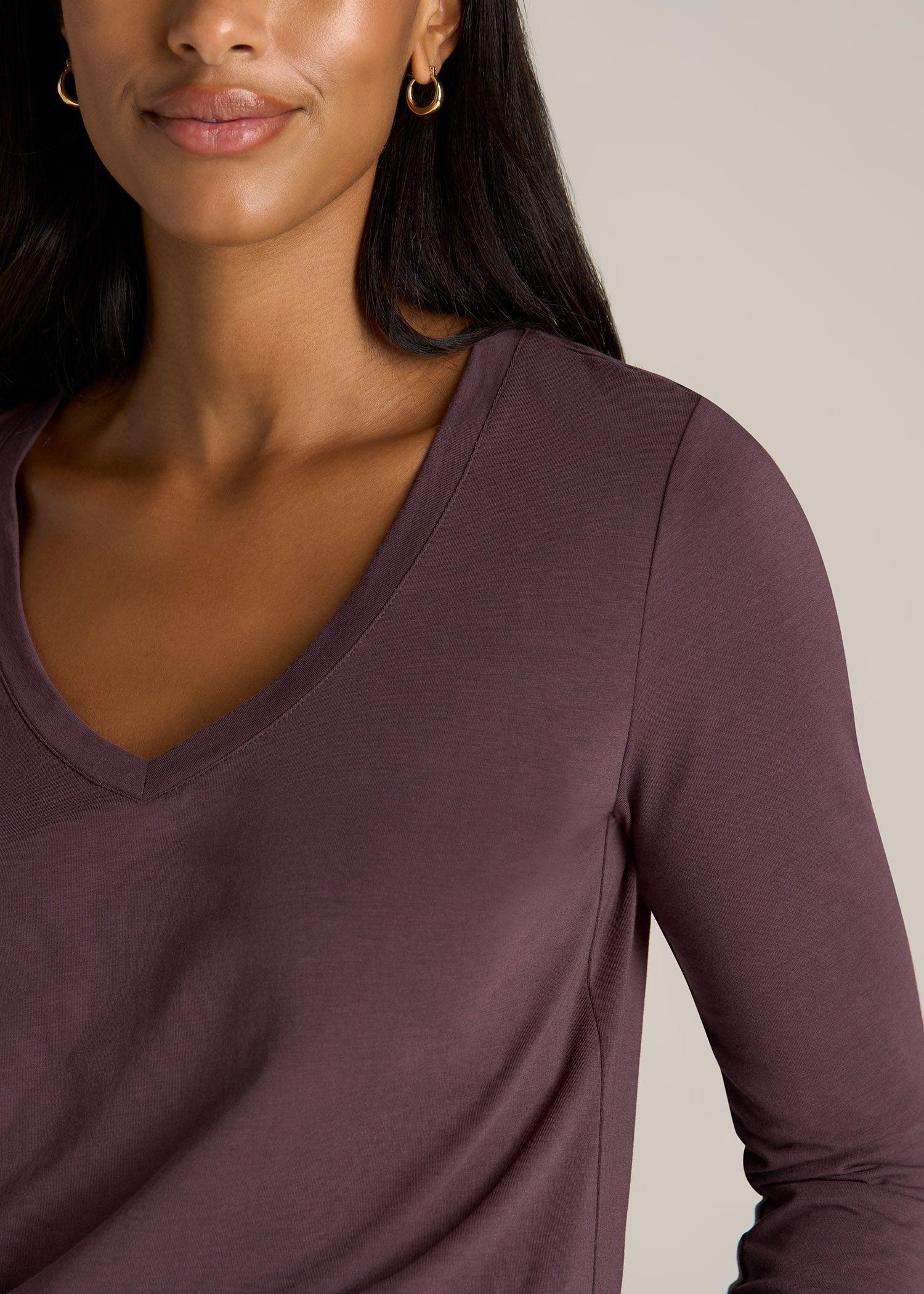 Long Sleeve Scoop V-Neck Tee Shirt for Tall Women in Merlot Product Image