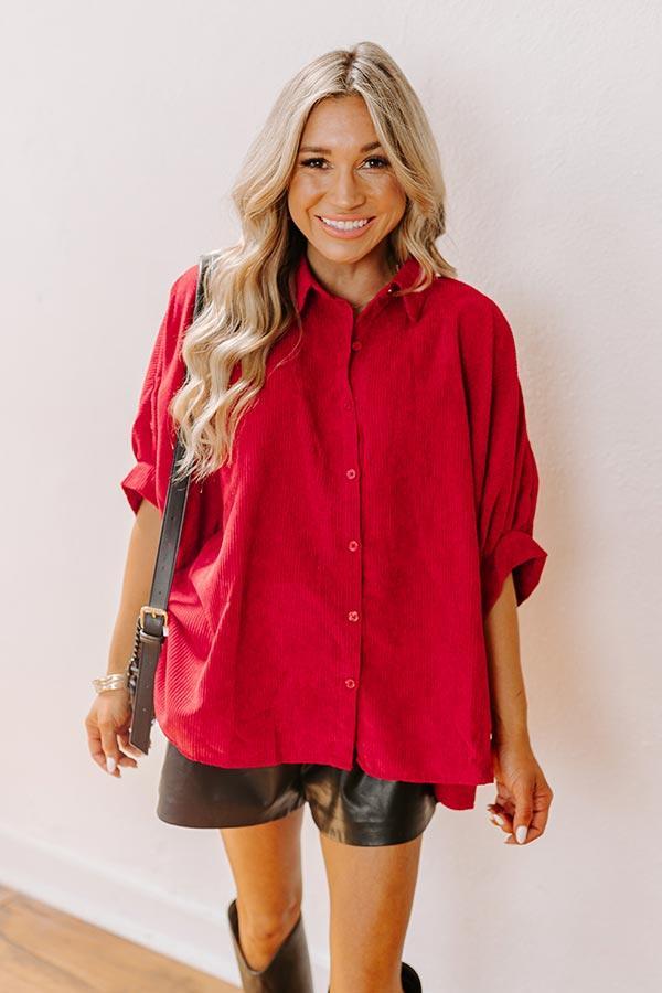 Balcony Brunch Corduroy Button Up in Crimson Product Image