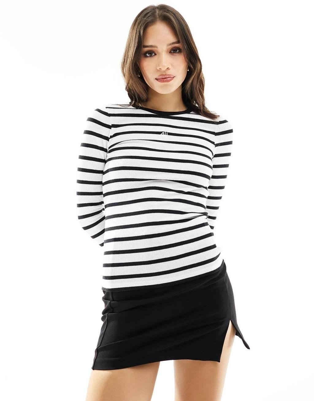 4th & Reckless ribbed logo long sleeve top in black and white stripe Product Image