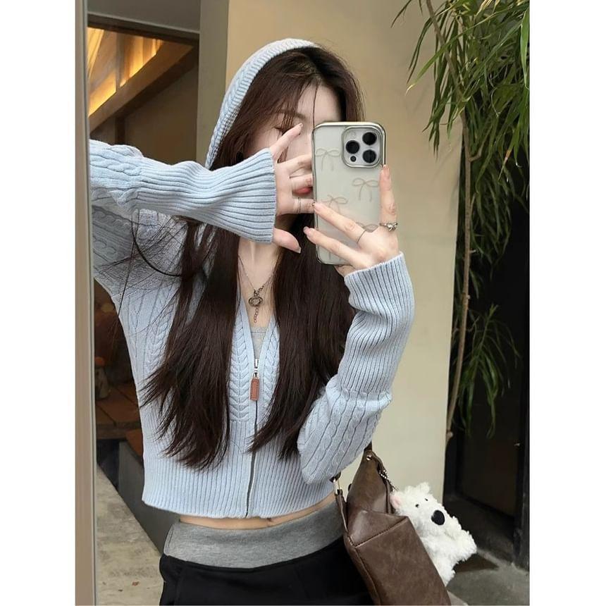 Plain Cable Knit Hood Zip Cardigan Product Image