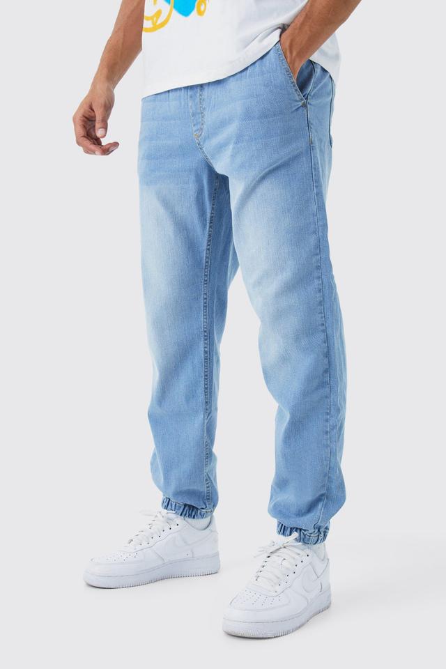 Mens Blue Elasticated Waistband Straight Fit Denim Joggers, Blue Product Image