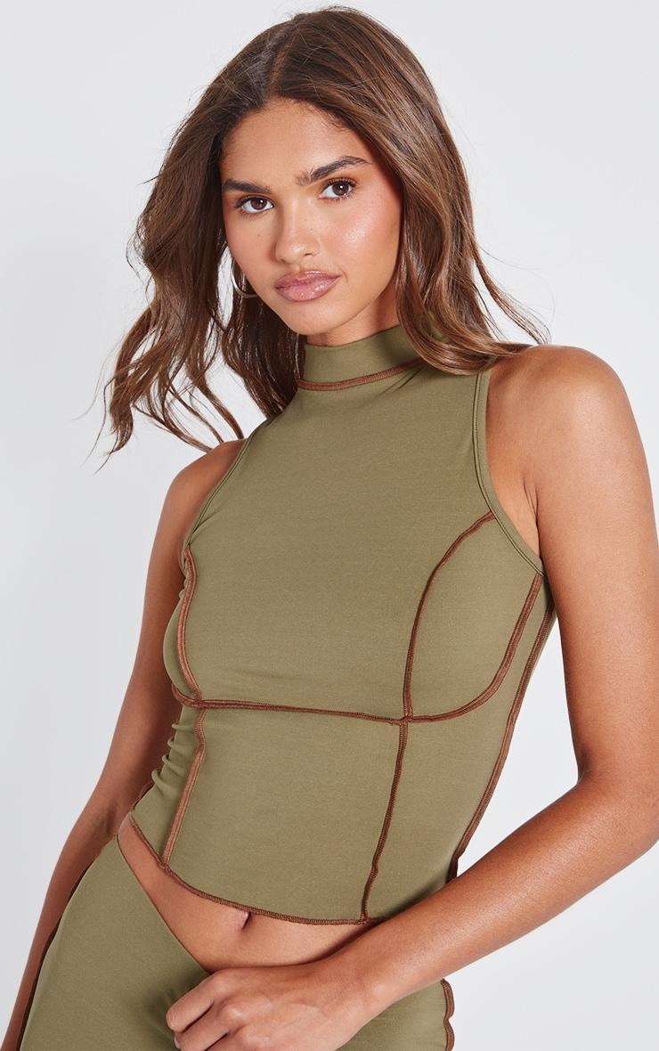 Olive Seam Detail High Neck Sleeveless Long Top Product Image