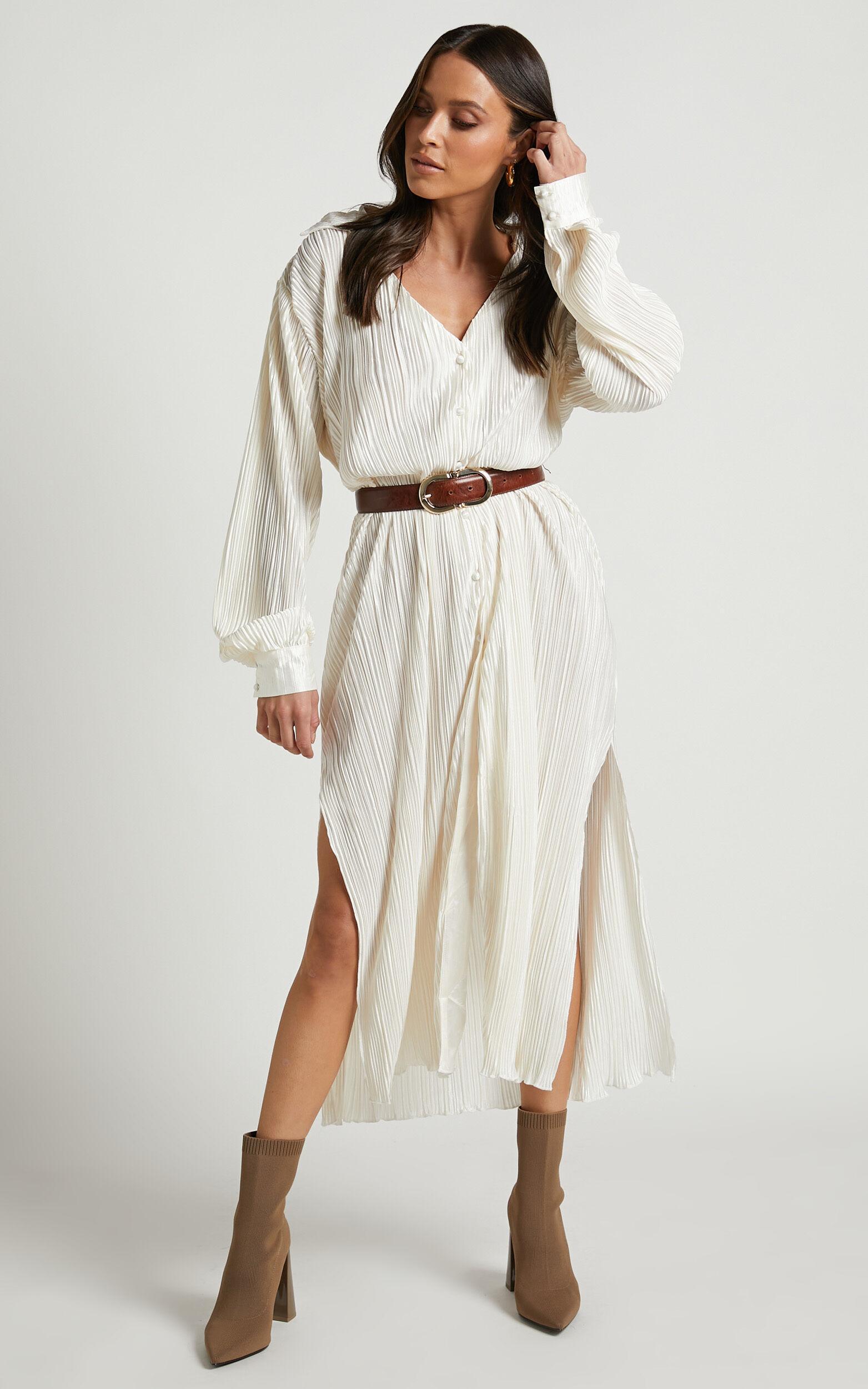 Donelli Midi Dress - Plisse Oversized Collared Shirt Dress in Cream Product Image