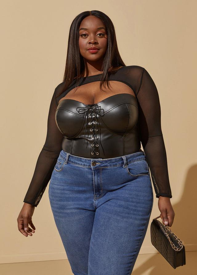 Plus Size Faux Leather And Mesh Bodysuit Ashley Stewart Product Image