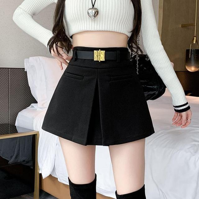 High Waist Plain Pleated Mini Skort Product Image