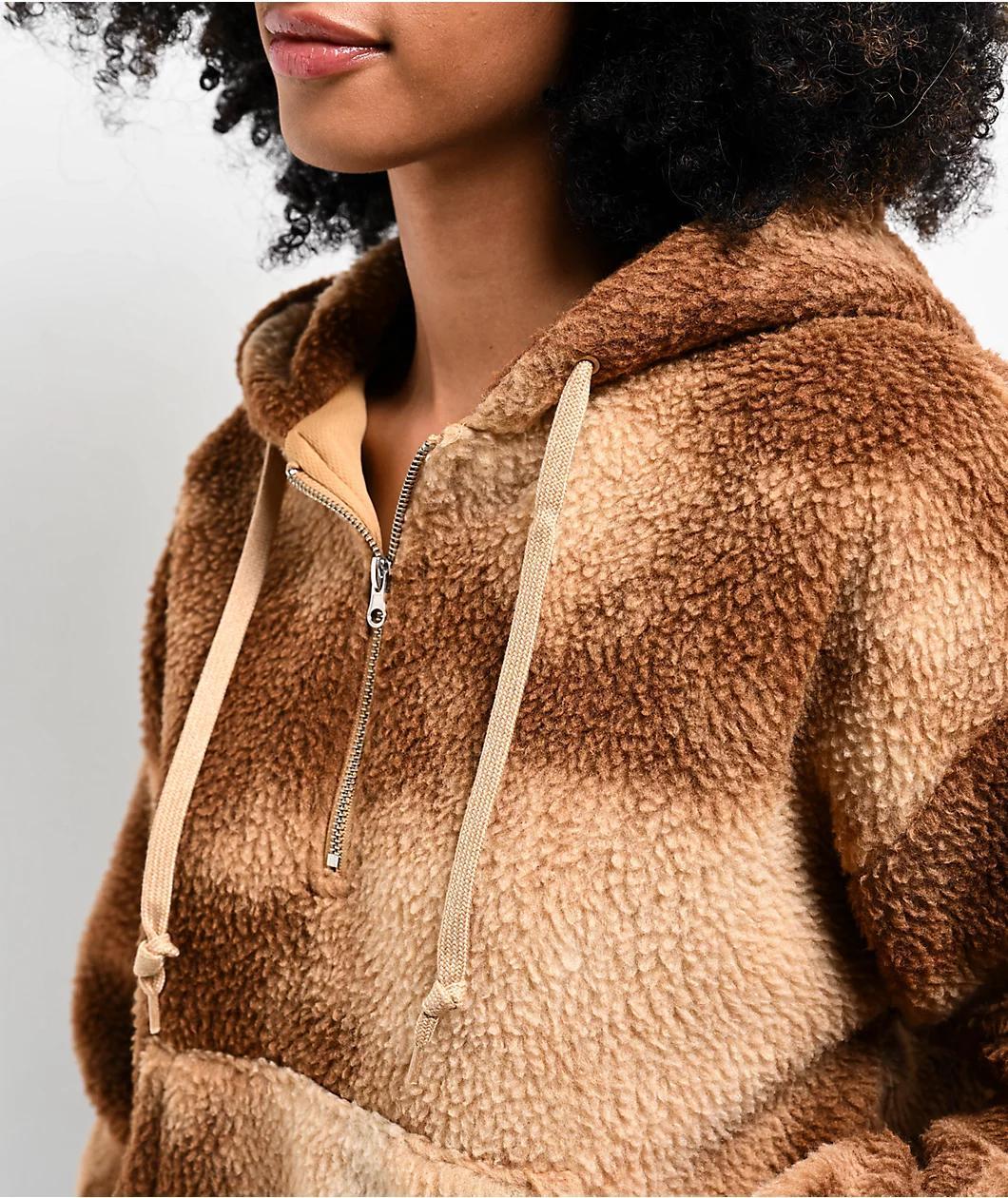 A.LAB Kendra Teddy Brown Tie Dye Sherpa Quarter Zip Hoodie Product Image