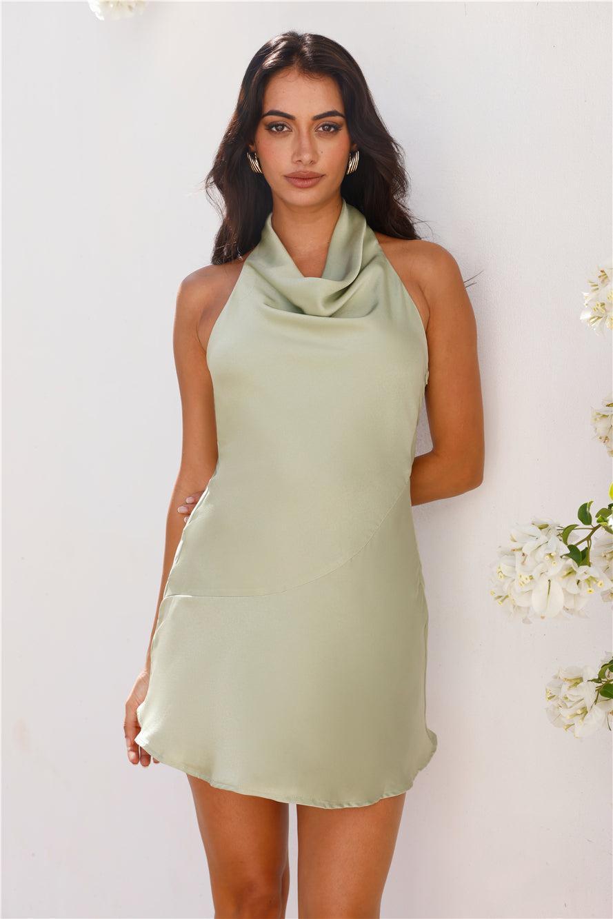 Party Nights Halter Satin Mini Dress Sage Product Image