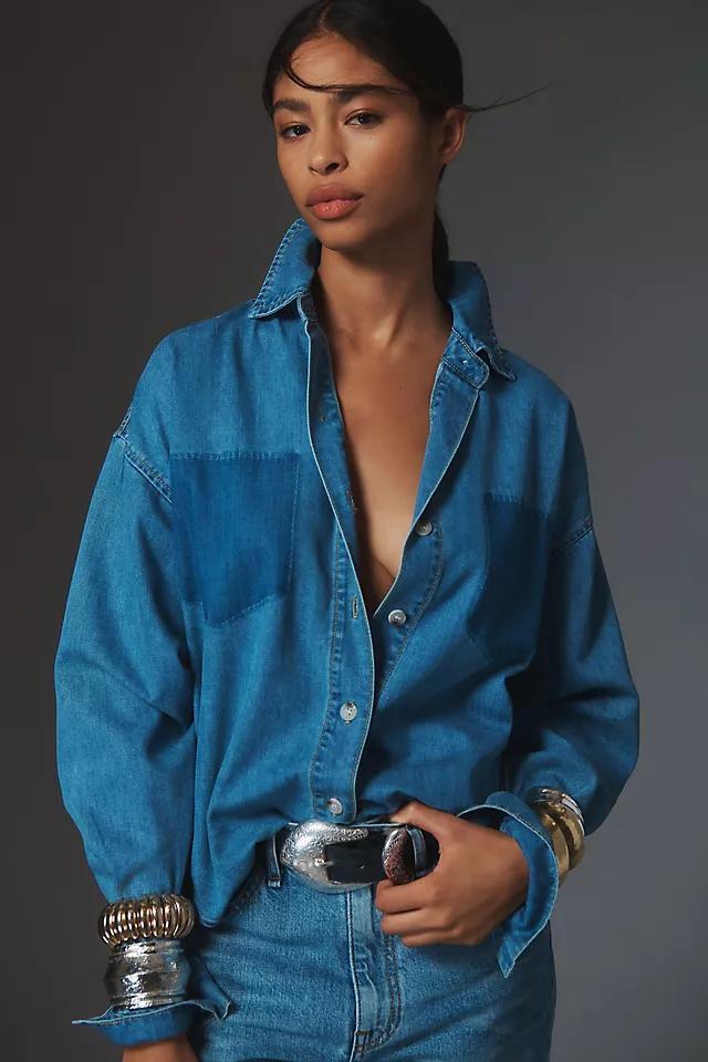 MABLE Long-Sleeve Burnout Pocket Denim Buttondown Shirt Product Image