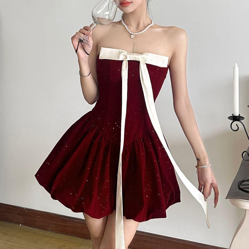 Strapless Ribbon Front Glitter Mini A-Line Dress Product Image