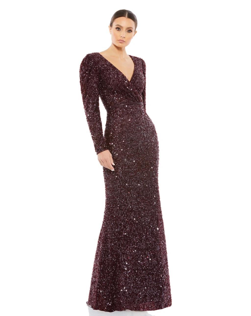 Long Sleeve Sequin Trumpet Gown In Mahogany Product Image