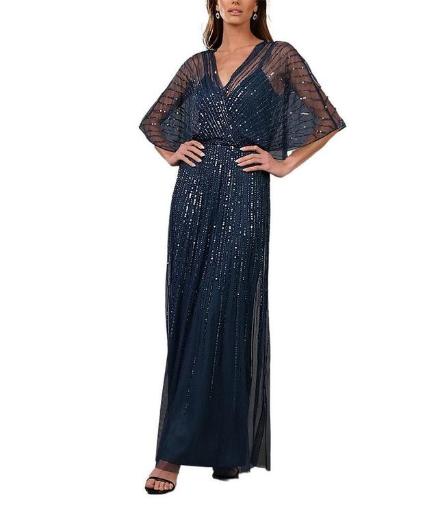 Terani Couture Flutter Sleeve Sequin Mesh Blouson Gown Product Image