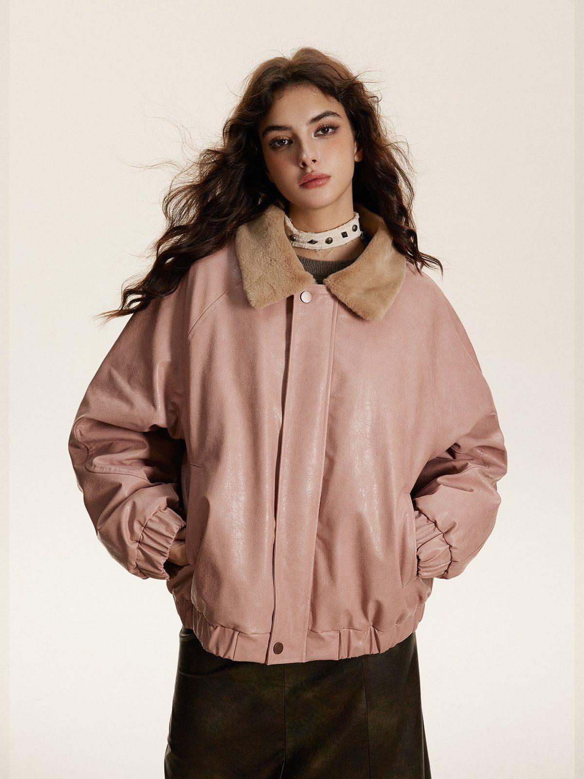 Fur Collar Faux Leather Bomber Jacket Female Product Image