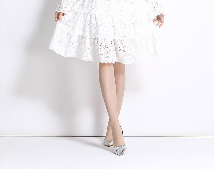 Long Sleeve Stand Collar Plain Embroidered Eyelet Ruffle Button Midi A-Line Dress Product Image