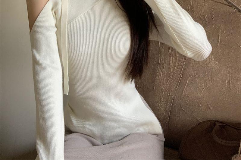 Long-Sleeve Cold Shoulder Plain Ribbed Slit Slim Fit Knit Top Product Image