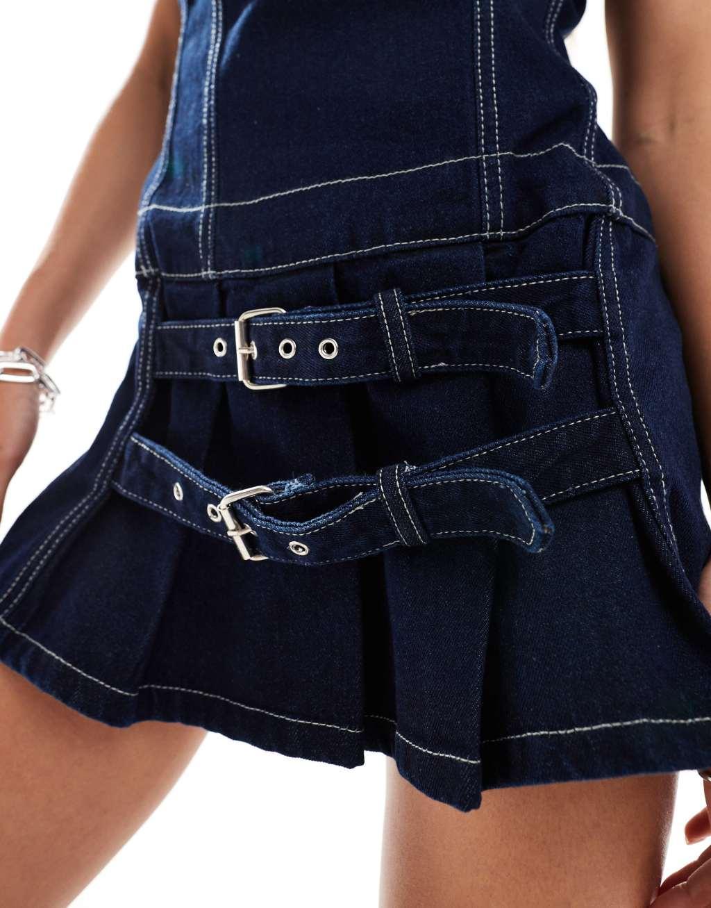 Pull&Bear denim bandeau pleated mini dress in indigo blue Product Image