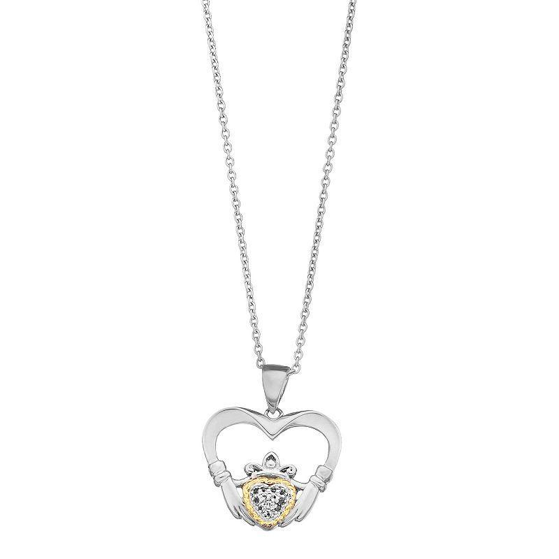 Two Tone Sterling Silver Lab-Created White Sapphire Claddagh Pendant Necklace, Womens Product Image