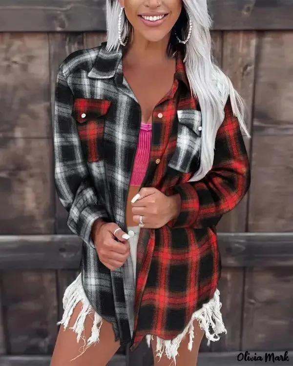 Olivia Mark – Color Block Plaid Button-Up Shirt Product Image