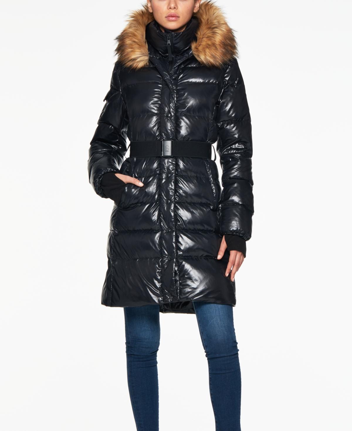 S13 Womens Chalet Belted Faux-Fur-Trim Hooded Puffer Coat - Jet Product Image