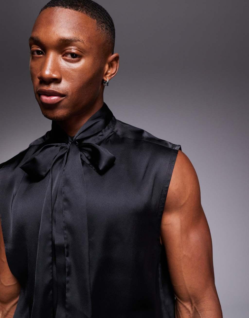 ASOS DESIGN sleeveless satin shirt with tie neck in black Product Image