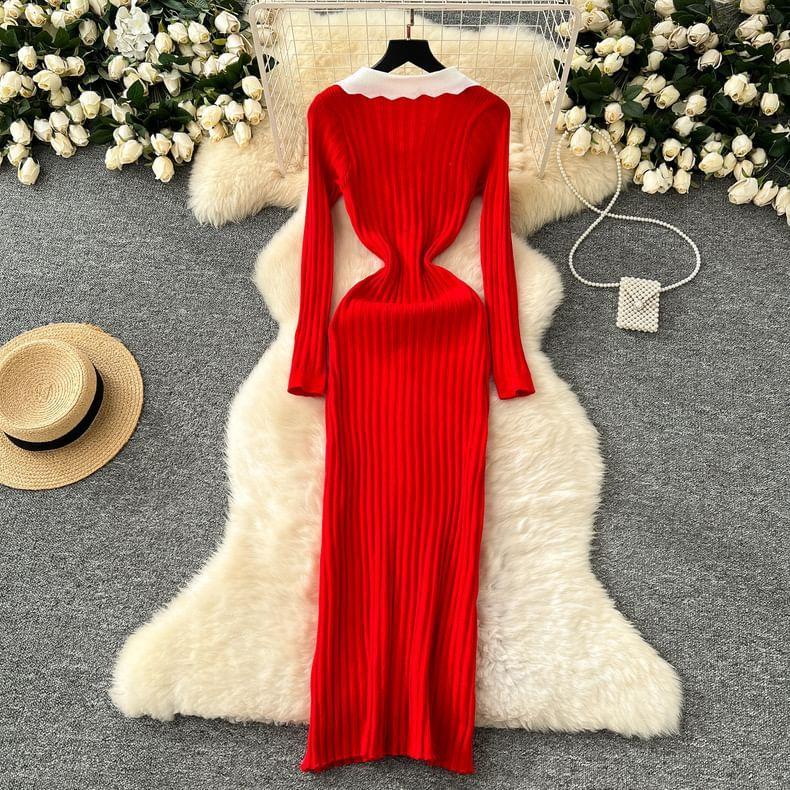 Long-Sleeve Collar Two Tone Ribbed Knit Midi Sheath Dress Product Image