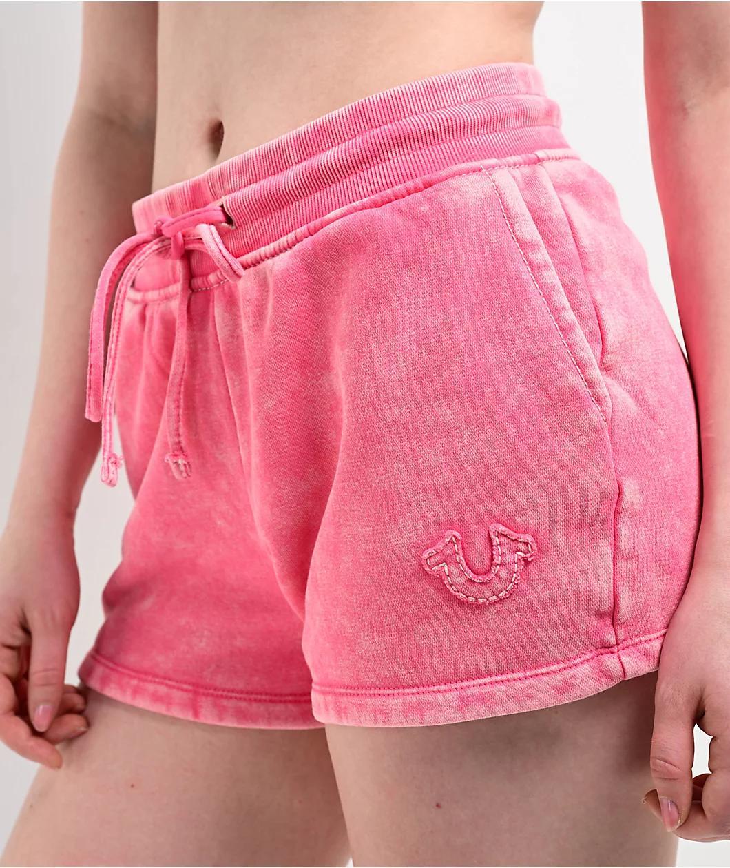 True Religion Acid Wash Big T Hot Pink Sweat Shorts Product Image