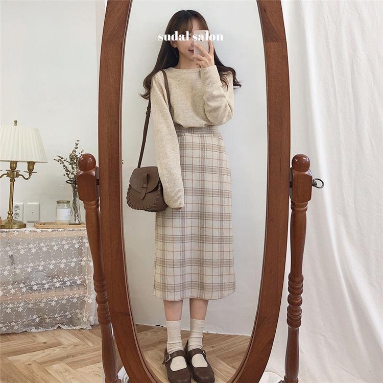 High-Waist Plaid Midi Straight Skirt Product Image