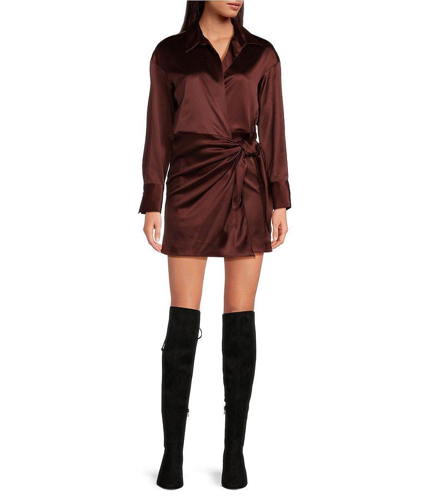 Gianni Bini Avery Long Sleeve Satin Point Collar Neck Faux Wrap Dress Product Image