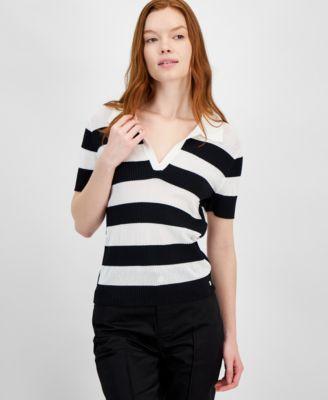 Tommy Hilfiger Womens Striped Mixed-Media Split-Neck - Ivory Product Image