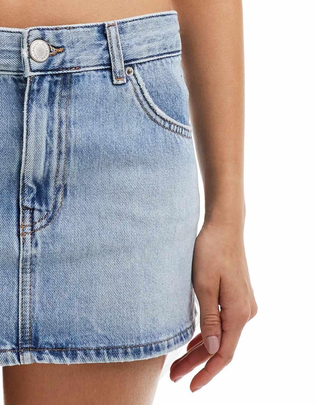 Pull&Bear denim mini skirt with bow detail in mid blue Product Image