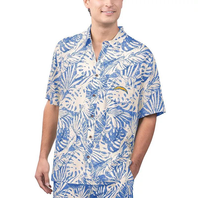 Mens Margaritaville Tan Los Angeles Chargers Sand Washed Monstera Print Party Button-Up Shirt Product Image