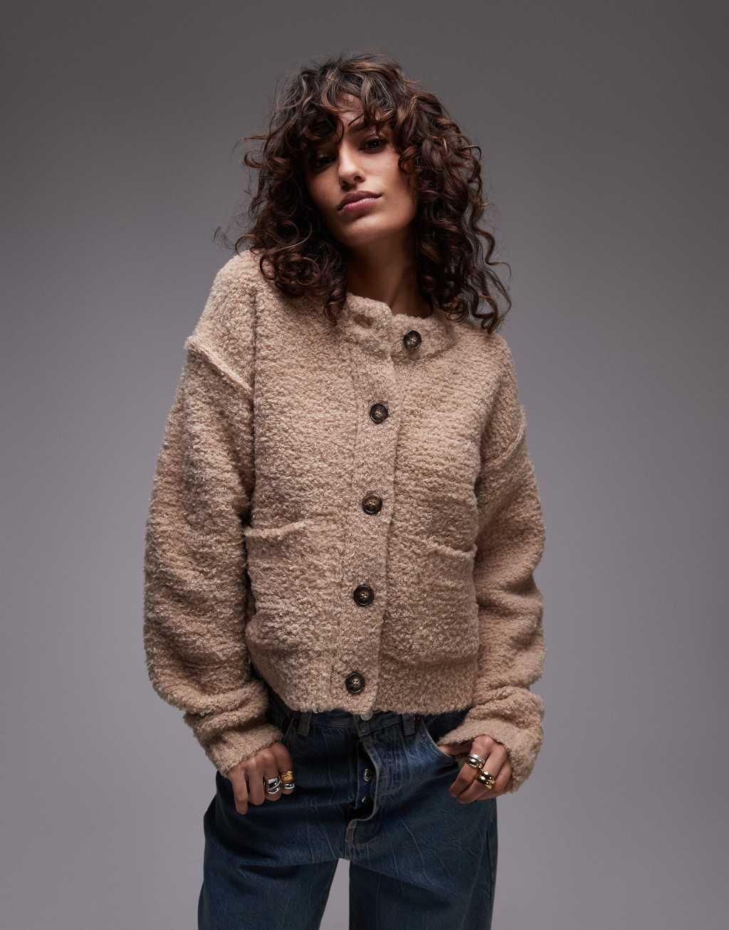 Topshop knit crew teddy cardigan with pockets in camel product image