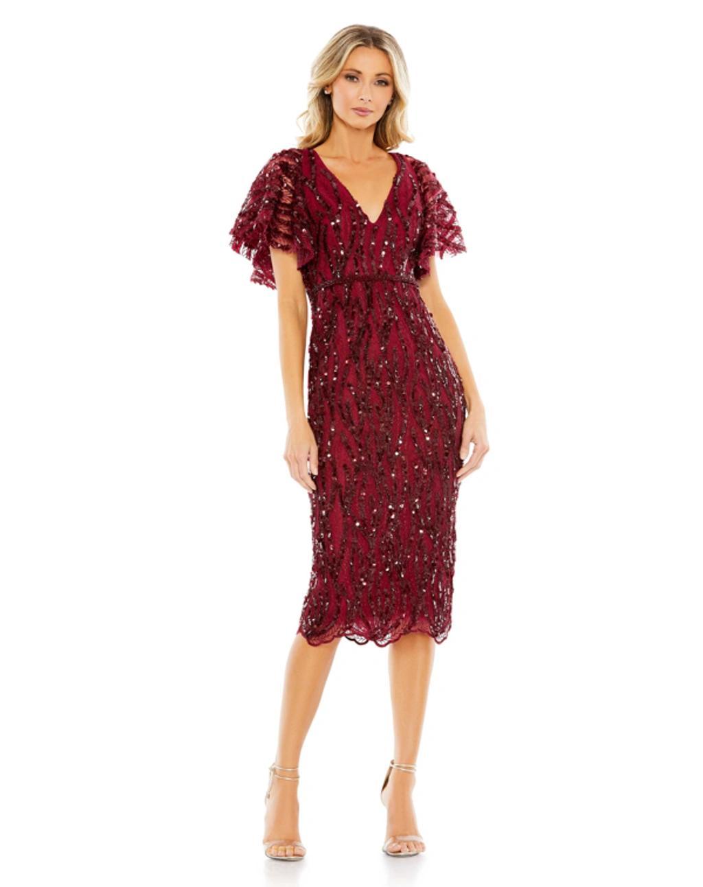 Sequin Butterfly-sleeve Midi-dress In Burgundy Product Image