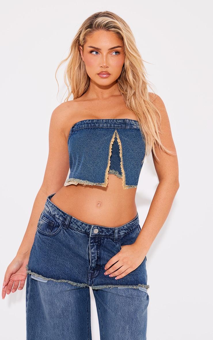 Vintage Wash Exposed Pocket Split Detail Denim Crop Top Product Image