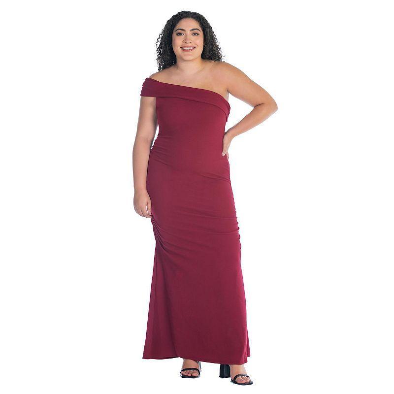 Plus Size 24Seven Comfort Apparel Formal One Shoulder Ruched Mermaid Maxi Dress, Womens Med Brown Product Image