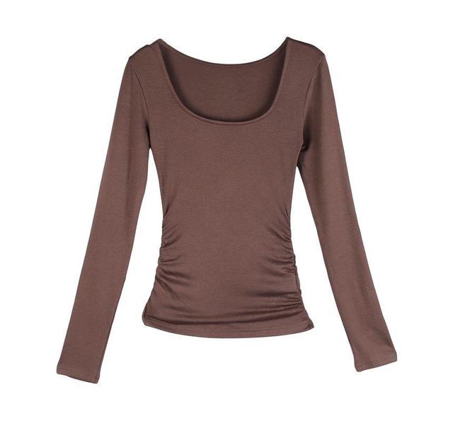 Long-Sleeve Scoop Neck Plain Slim Fit T-Shirt Product Image