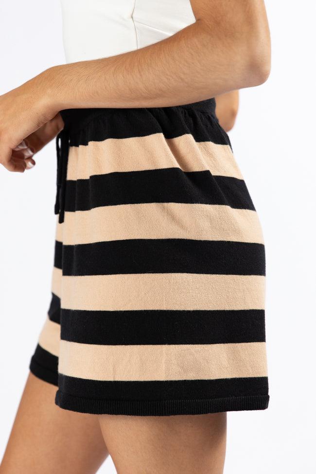 Pulling Heartstrings Black and Tan Striped Knit Shorts Product Image