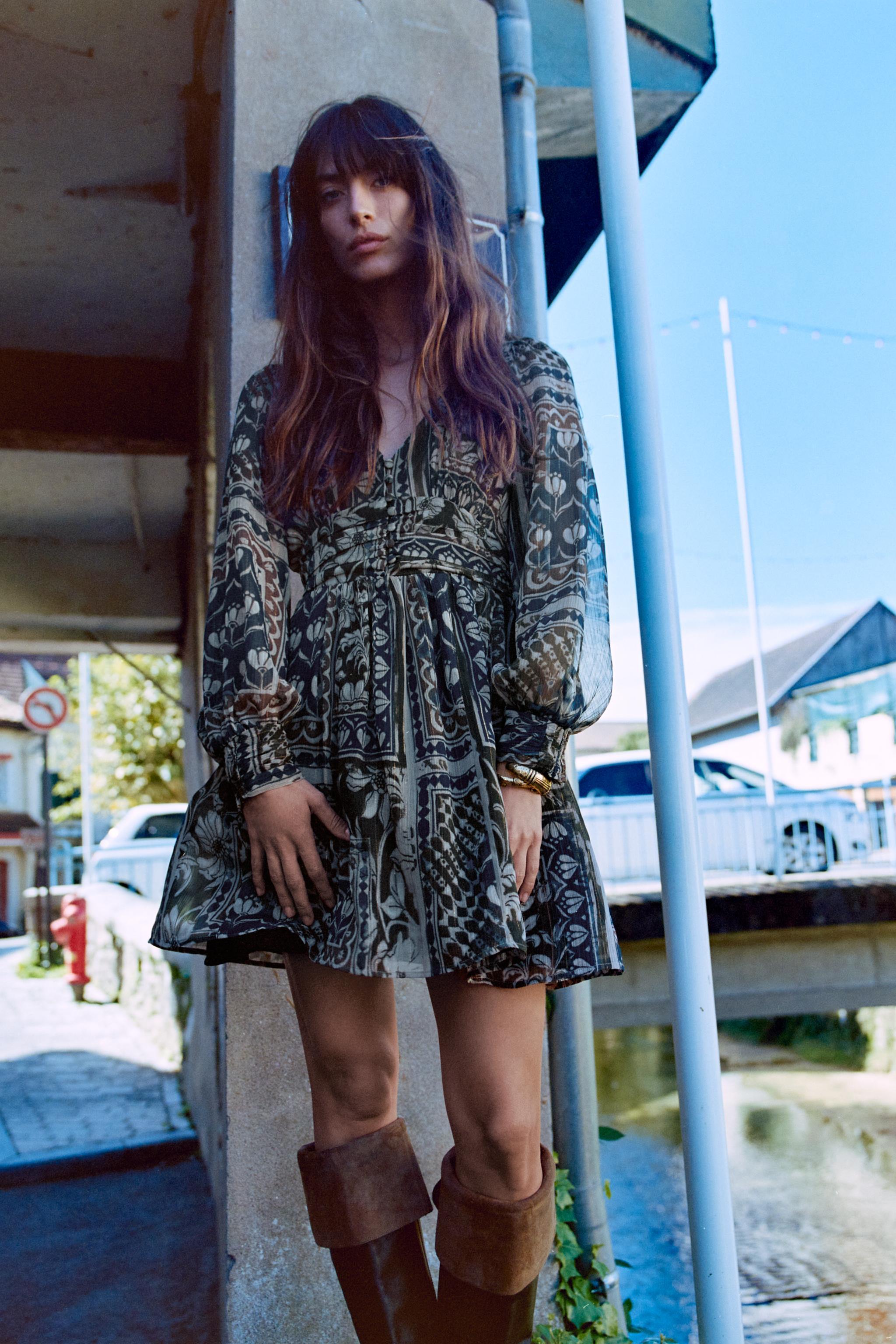 METALLIC THREAD PRINTED MINI DRESS Product Image