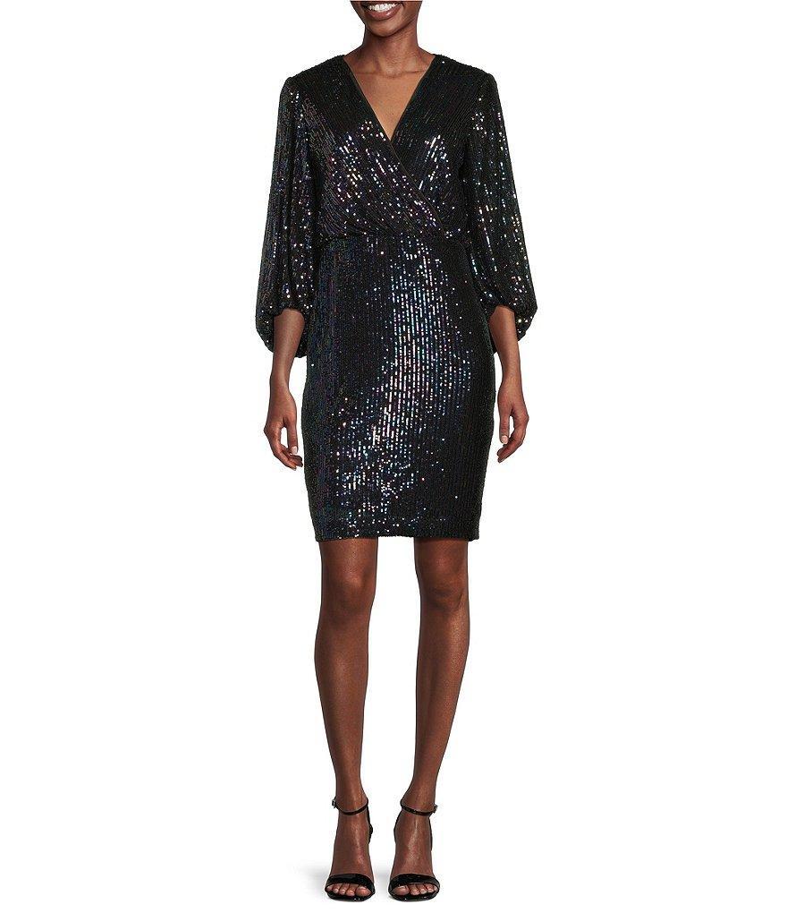 Eliza J Blouson Stretch Sequin Surplice V-Neck 3/4 Sleeve Blouson Dress Product Image