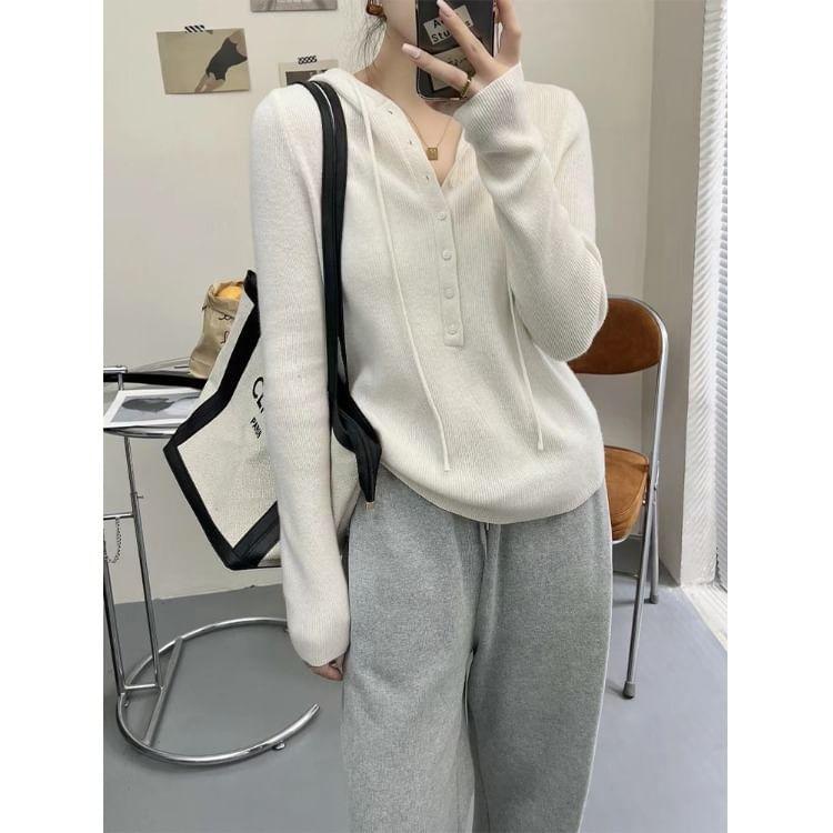 Long-Sleeve Henley Drawstring Hooded Knit Top Product Image