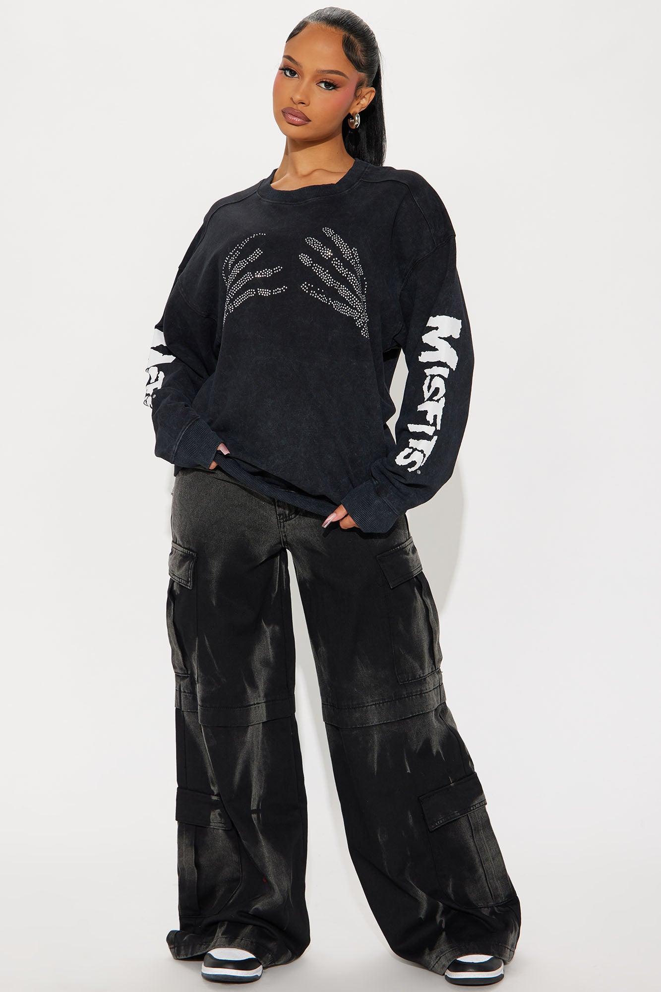 Misfits Rhinestone Crew Neck Sweatshirt - Black Wash Product Image