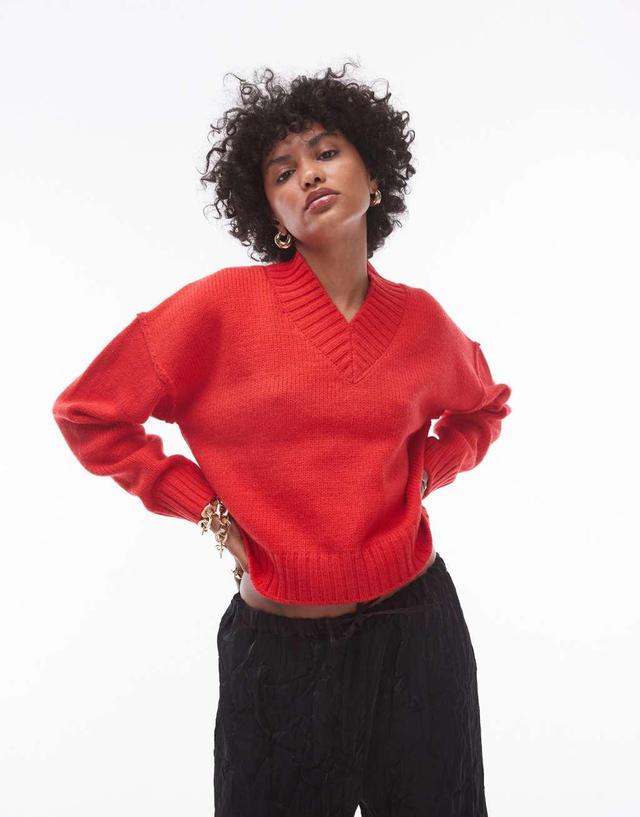 Topshop knit high V-neck clean sweater in red Product Image