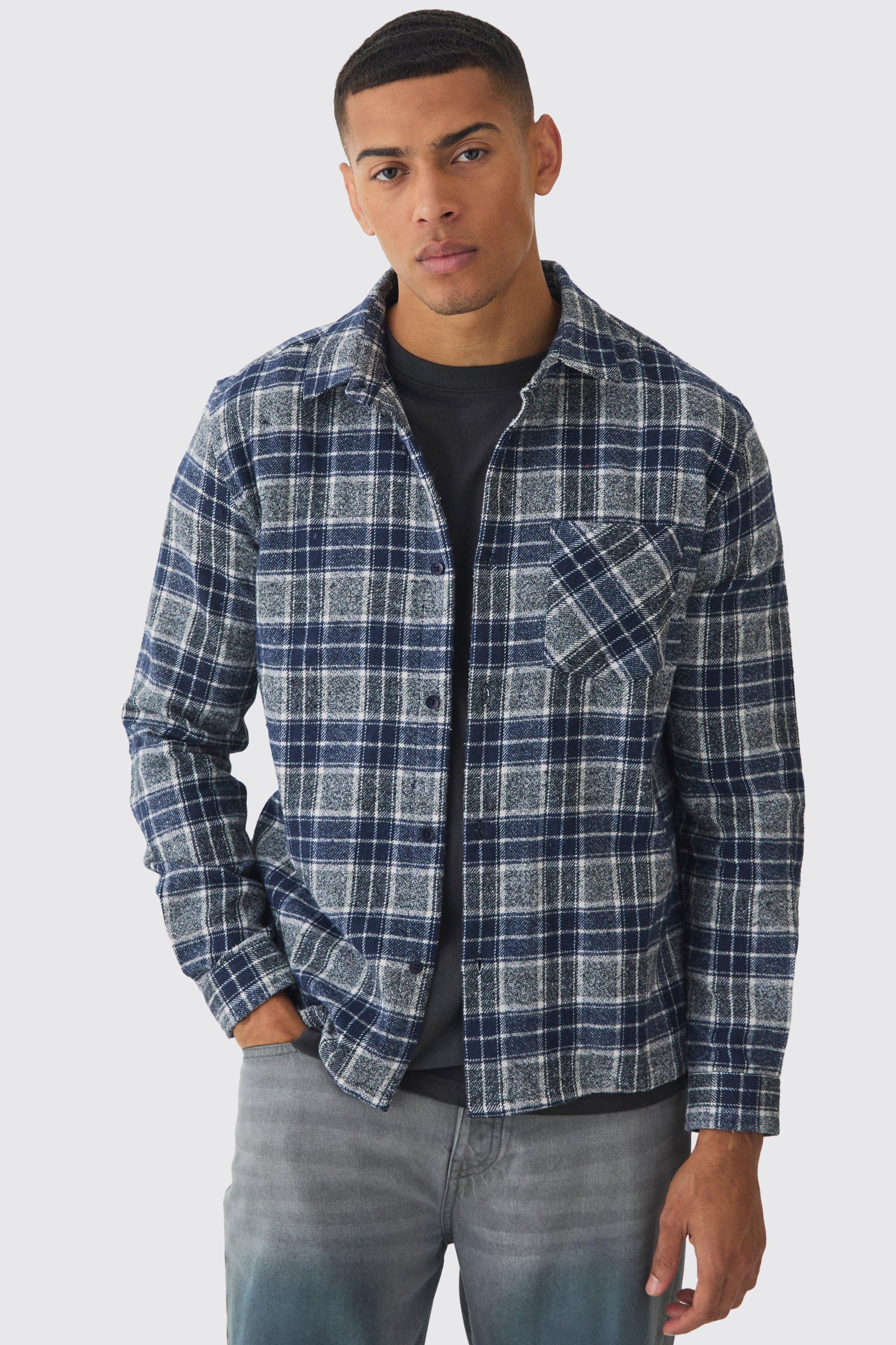 Mens Navy Regular Fit Long Sleeve Check Shirt, Navy Product Image