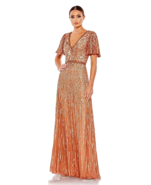 Womens Embellished V Neck Butterfly Sleeve Column Gown Product Image