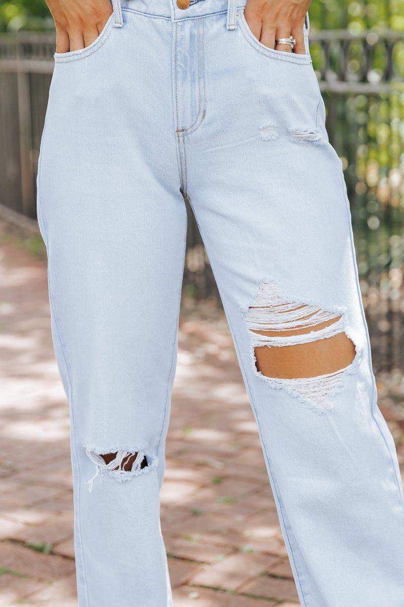 Light Wash Distressed Straight Leg Jeans Product Image