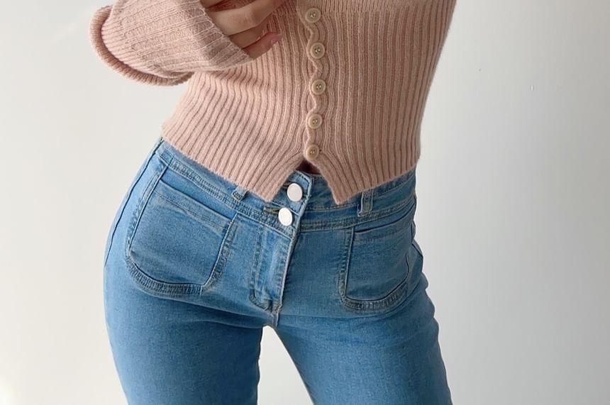 Long Sleeve Square-Neck Plain Ribbed-Knit Slim-Fit Crop Cardigan Product Image