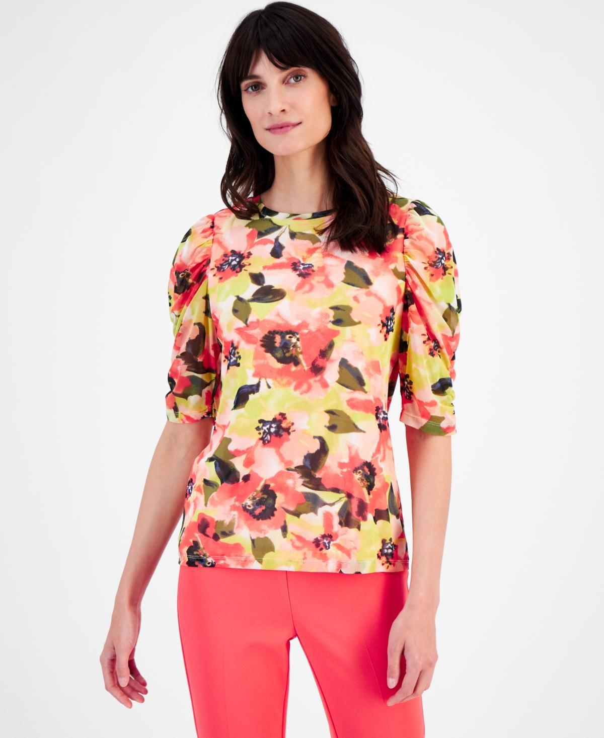 Anne Klein Womens Printed Ruched Elbow-Sleeve Top Product Image